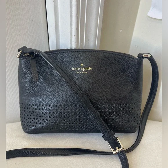 kate spade black pebbled leather crossbody with perforated detail EUC - Picture 1 of 10